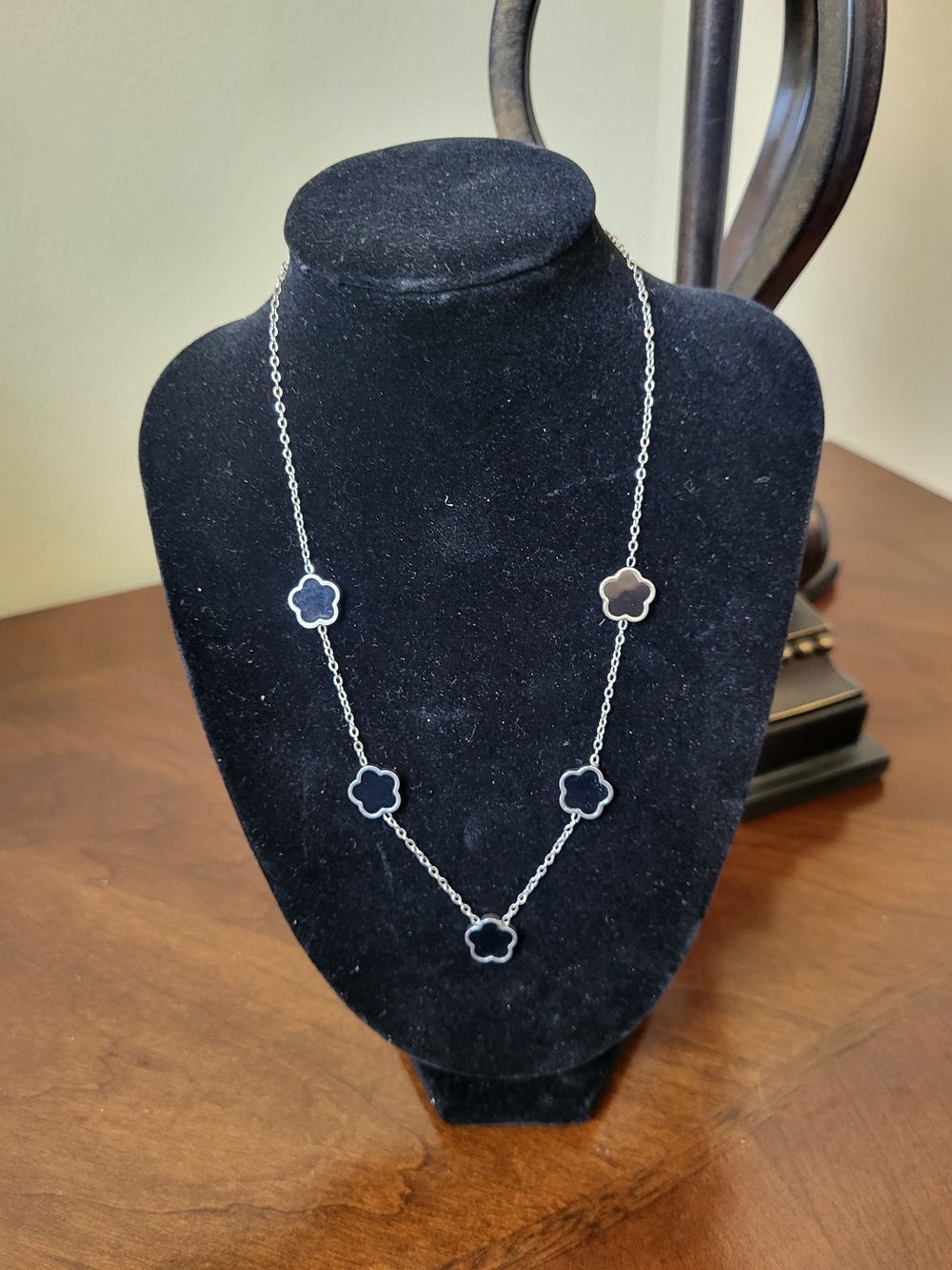 Nine West Stainless Steel Clover Leaf Necklace with Black Clover Motifs